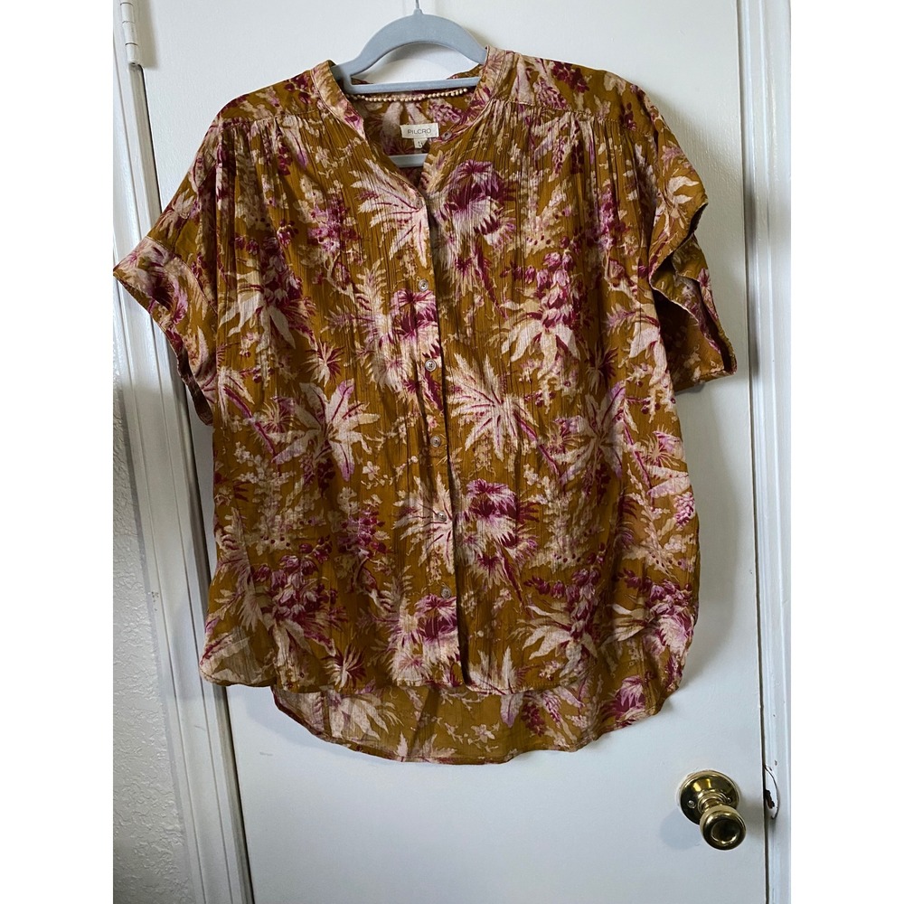Pilcro Anthropologie Floral Cotton Gauze Button Front Top Mustard Pink OB1811270